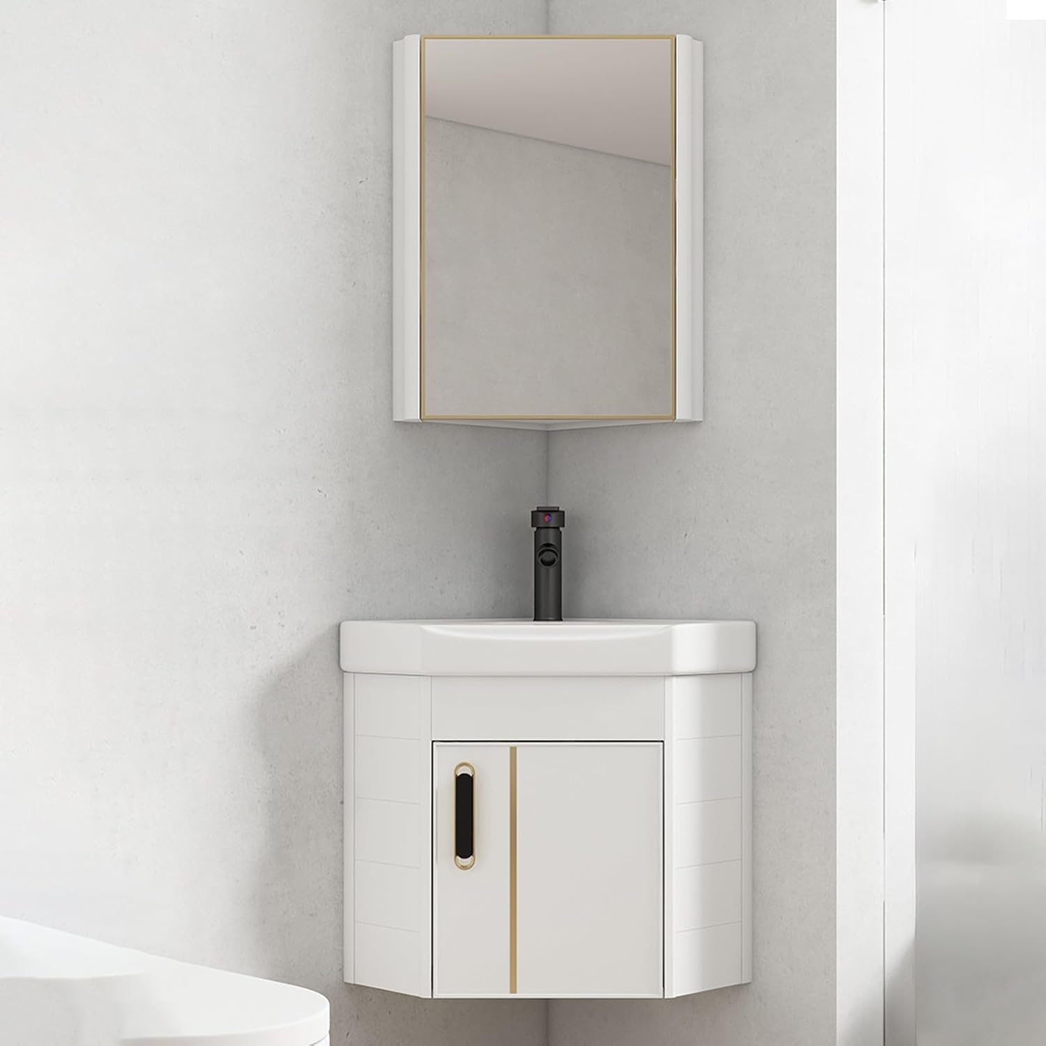 Corner Bathroom Vanity Sink, Corner Wall Mount Bathroom Sink, Ceramic Bathroom Vanity Cabinet with Storage Container and Mirror Cabinet, Bathroom Storage Cabinet, for Kitchen Home(38cm/14.9in)