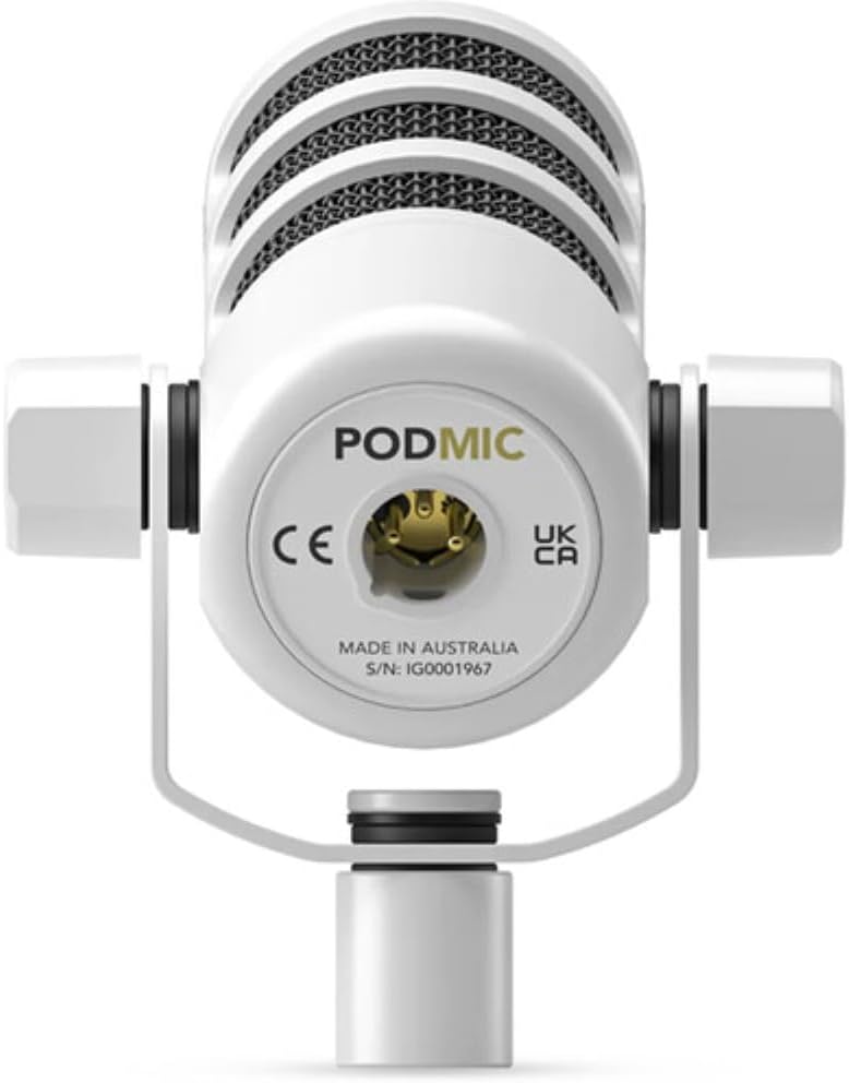 Rode PodMic Dynamic Podcasting Microphone | White Bundle with Pop Filter + Desktop Microphone Stand + XLR Cable + Cleaning Cloth (5 Item)