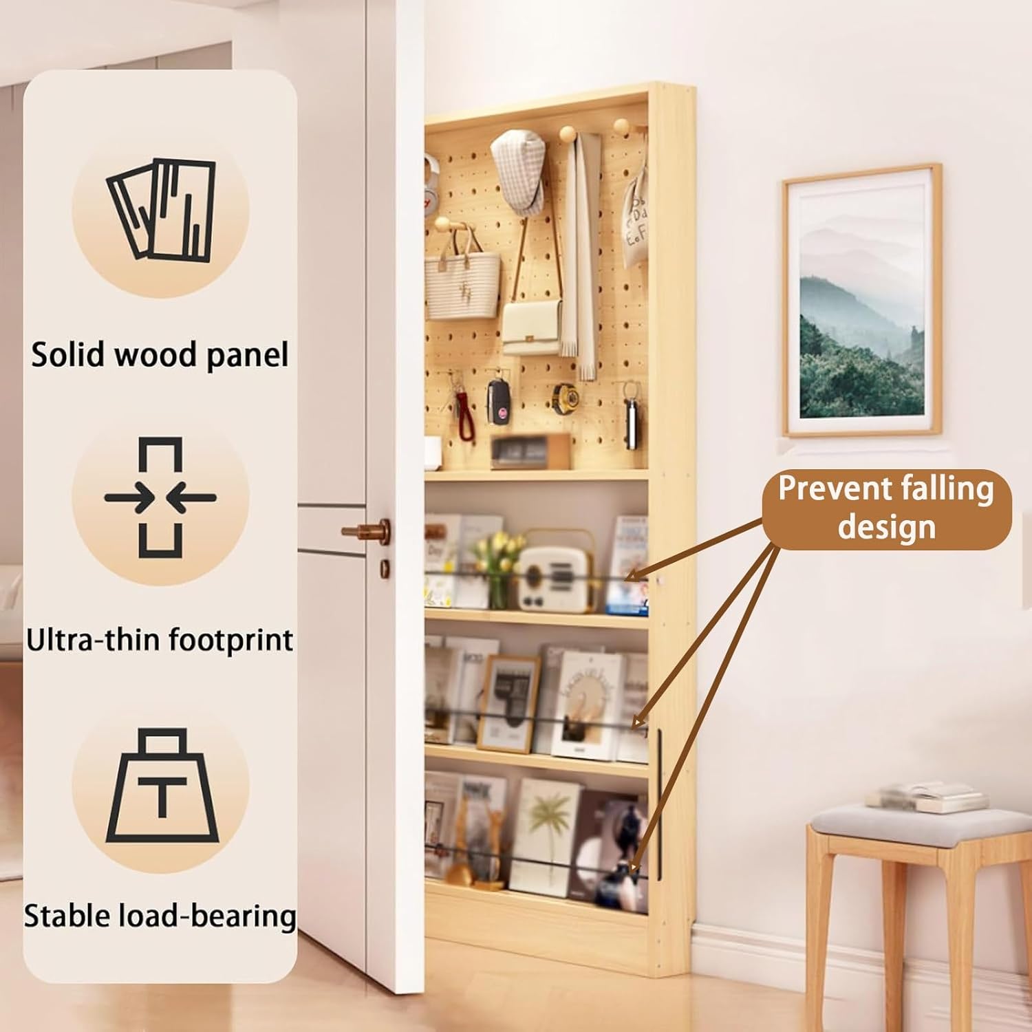 3.94in Behind Door Bookshelf Compact area 16 20 35 40 47in L Floor Bookcases Display Wall Mount Shelf Perforated Board Large Capacity Book Shelf for Books Magazine Racks CDs Small Items(Natural,31.5x3