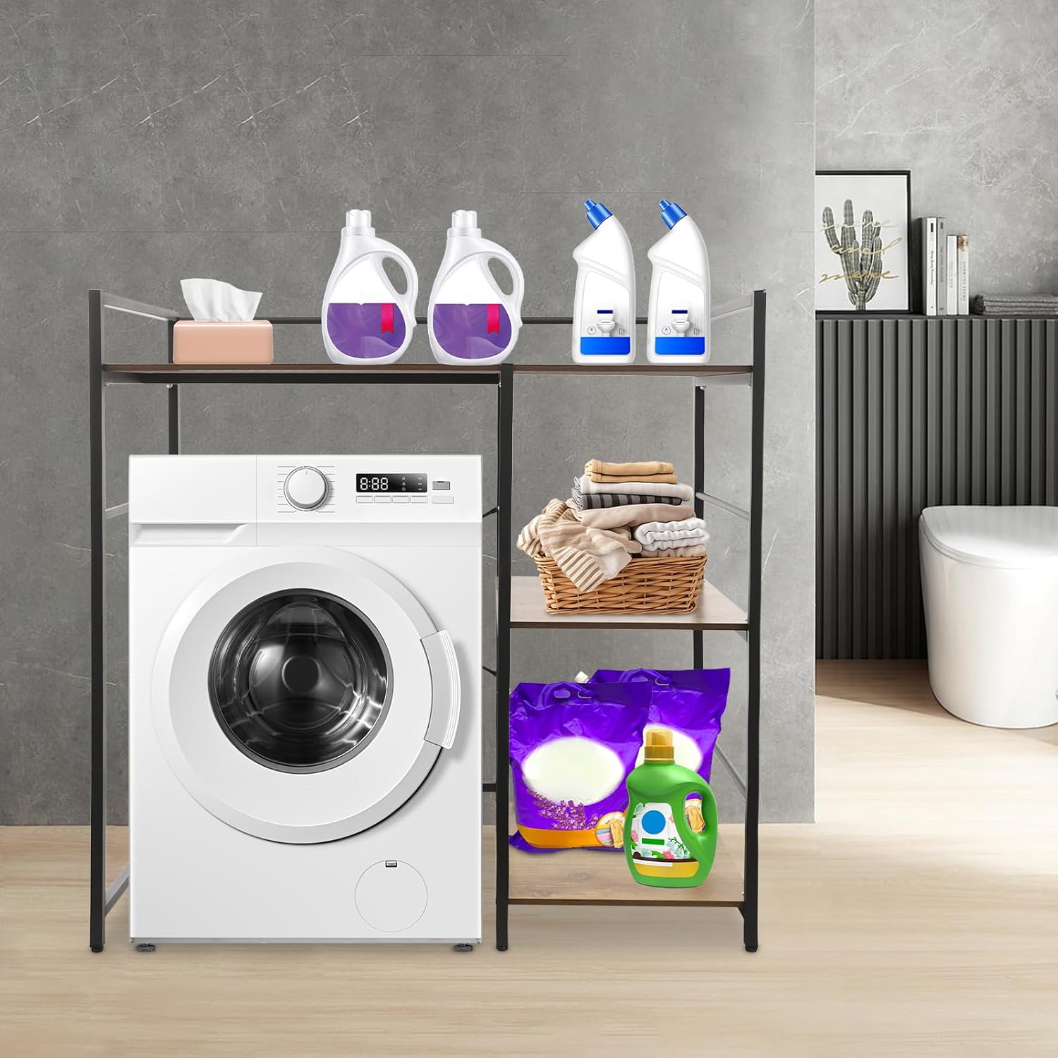 3-Tier Washing Machine Storage Shelf, Heavy-Duty Laundry Room Storage Organizer with 3 Shelves and Footpads, Bathroom Washer Dryer Storage Shelf for Placing Drum Washing Machines, Dryers