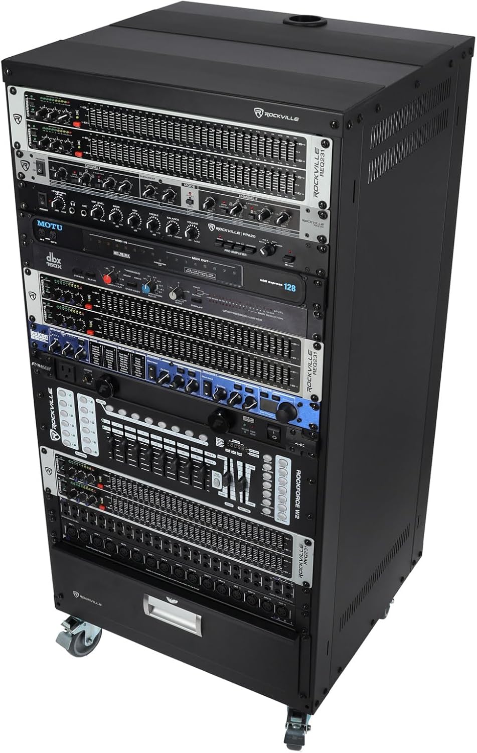 Rockville RR20U 20U Live Sound/Recording Studio Rack Case with Wheels, Reversible Rack Rails, Front & Rear Mounting, Cable Management Ports, 440lb Capacity