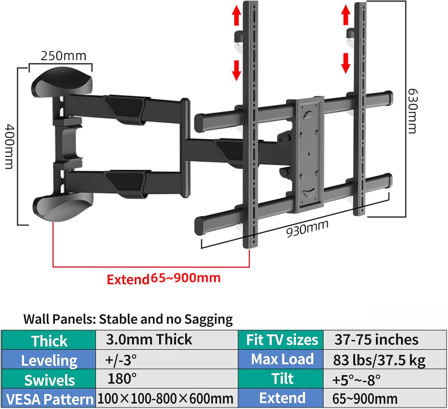 35 Inch Long Arm TV Wall Mount for 37-75 Inch TVs,Full Motion Corner Mount with Extension,±90°Swivel,Tilt&Level Adjust,Max VESA 800x600mm,Heavy-Duty TV Mount,XL-DY858S
