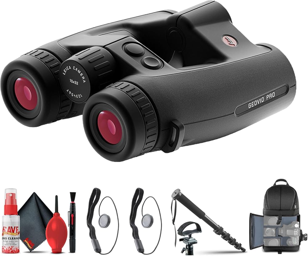 Leica 10x32 Geovid Pro Rangefinder Binoculars (40810) + Tripod Adapter + Backpack + Monopod + Cleaning Kit + 2 x Cap Keeper