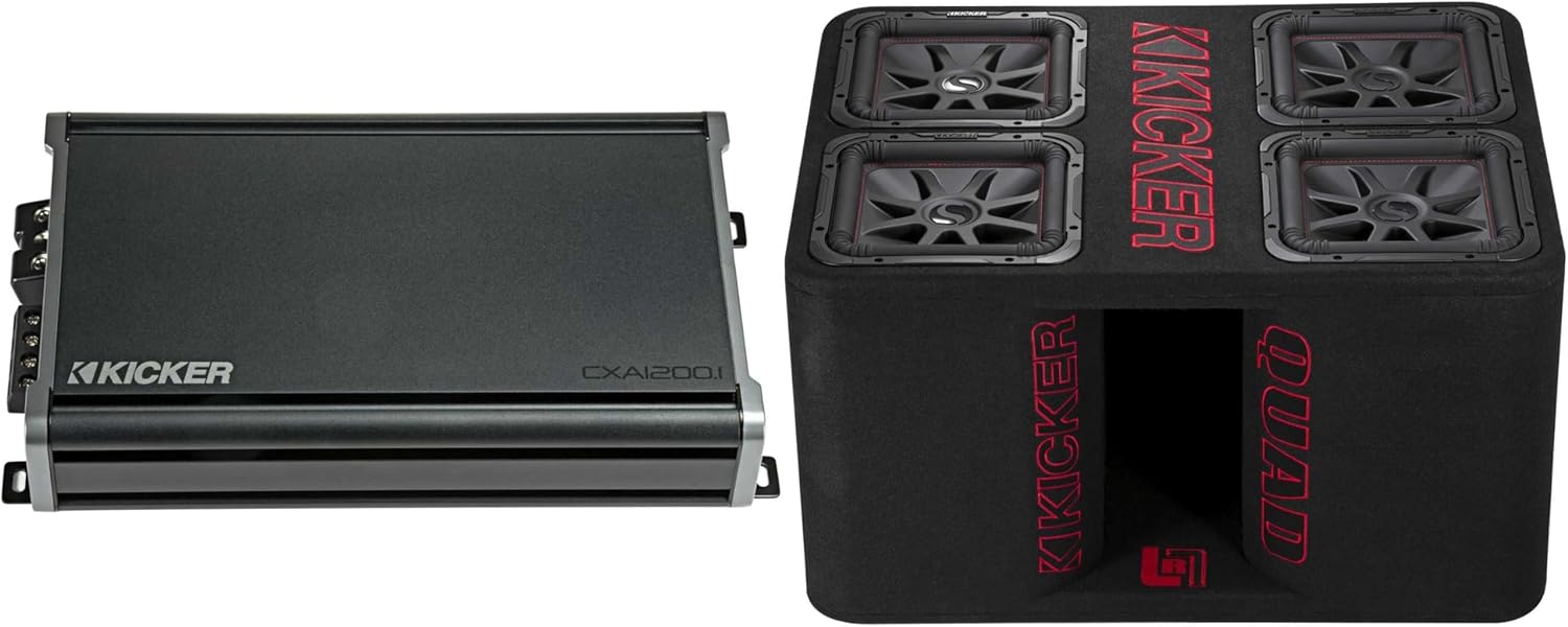 Kicker 47QL7R122 12-Inch (30cm) Loaded Ported Quad Box, 2-Ohm w/ CXA1200.1 Amp Bundle