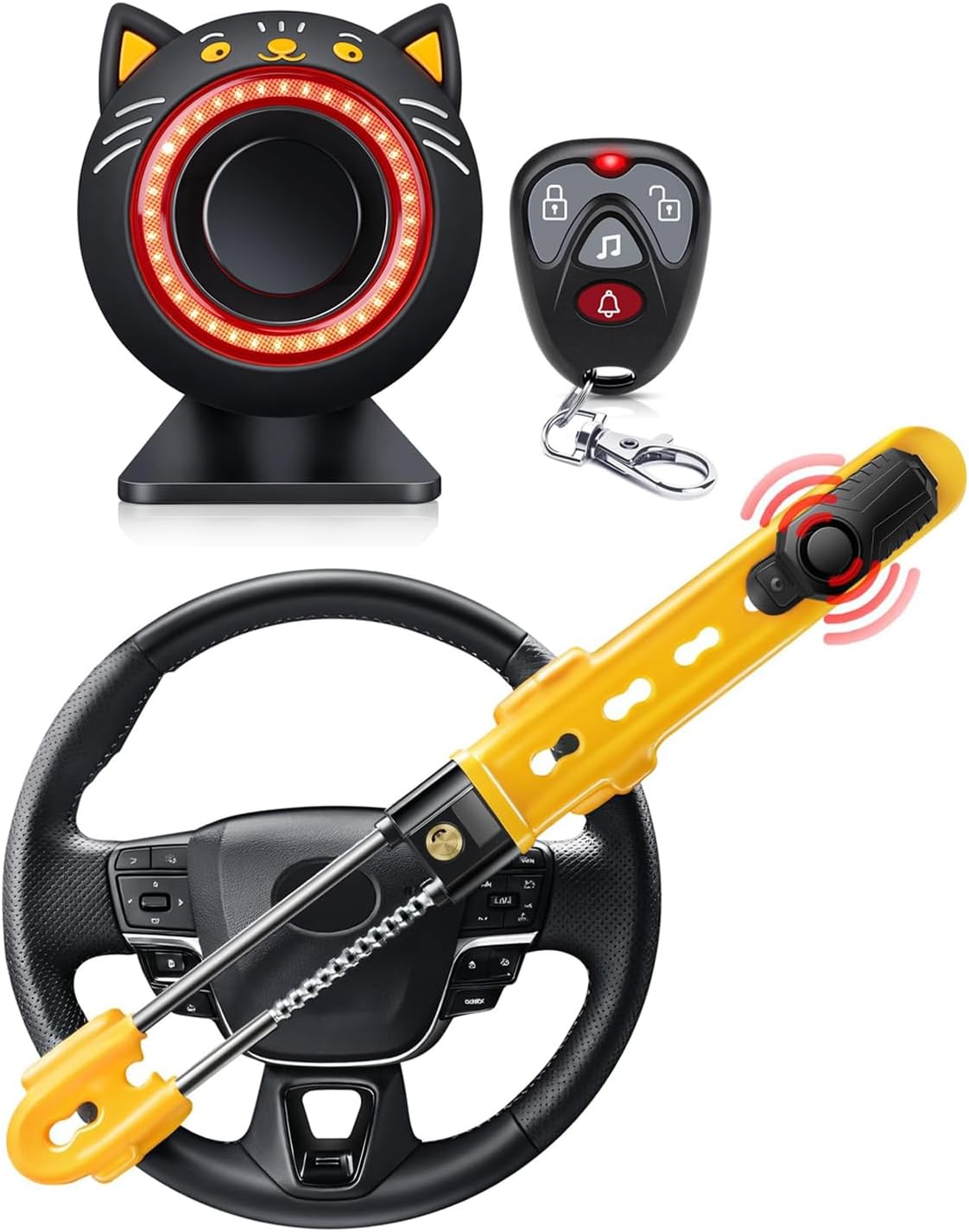 ELECTOP Anti Theft Car Device Bundle (Car Alarm System with Motion Sensor & Sound + Steering Wheel Lock) Car Alarm System for Auto Truck Van SUV