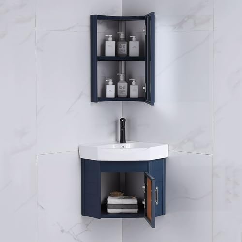 Corner Ceramic Bathroom Sink with Vanity Cabinet, Wall Mount Design, Space-Saving Storage Container, Complete Set with Faucet & Drain (White, 38cm/15in)