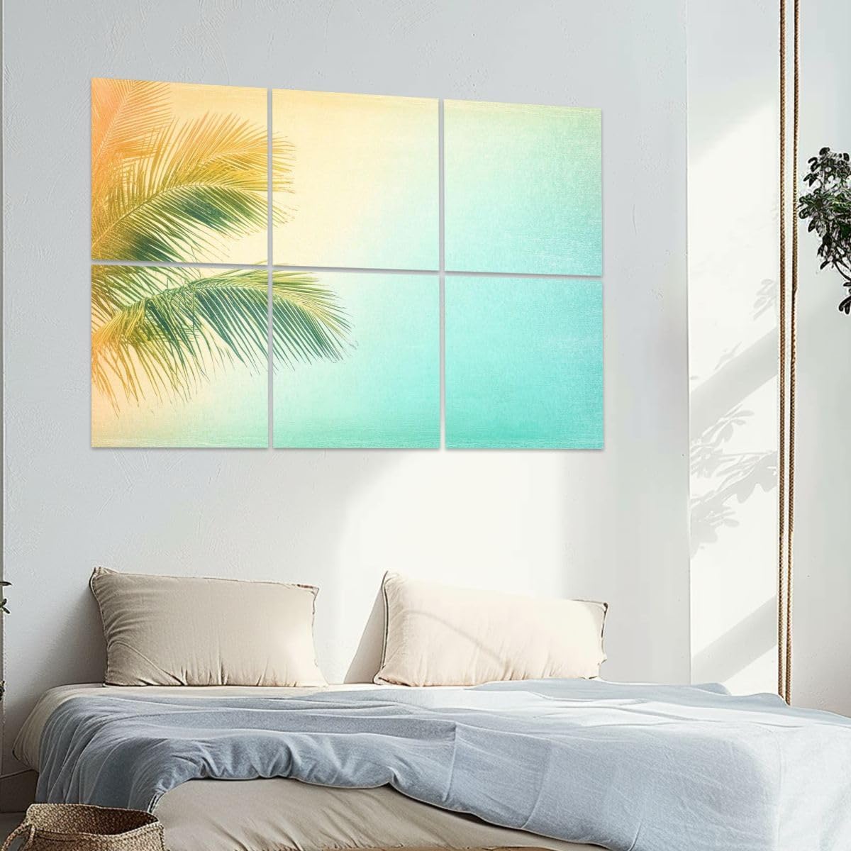 6 Pack Art Acoustic Panels Palm Leaf Tree Sunlight Clear Sky Grunge Abstract Orange Yellow Teal Sound Absorbing Panel 48