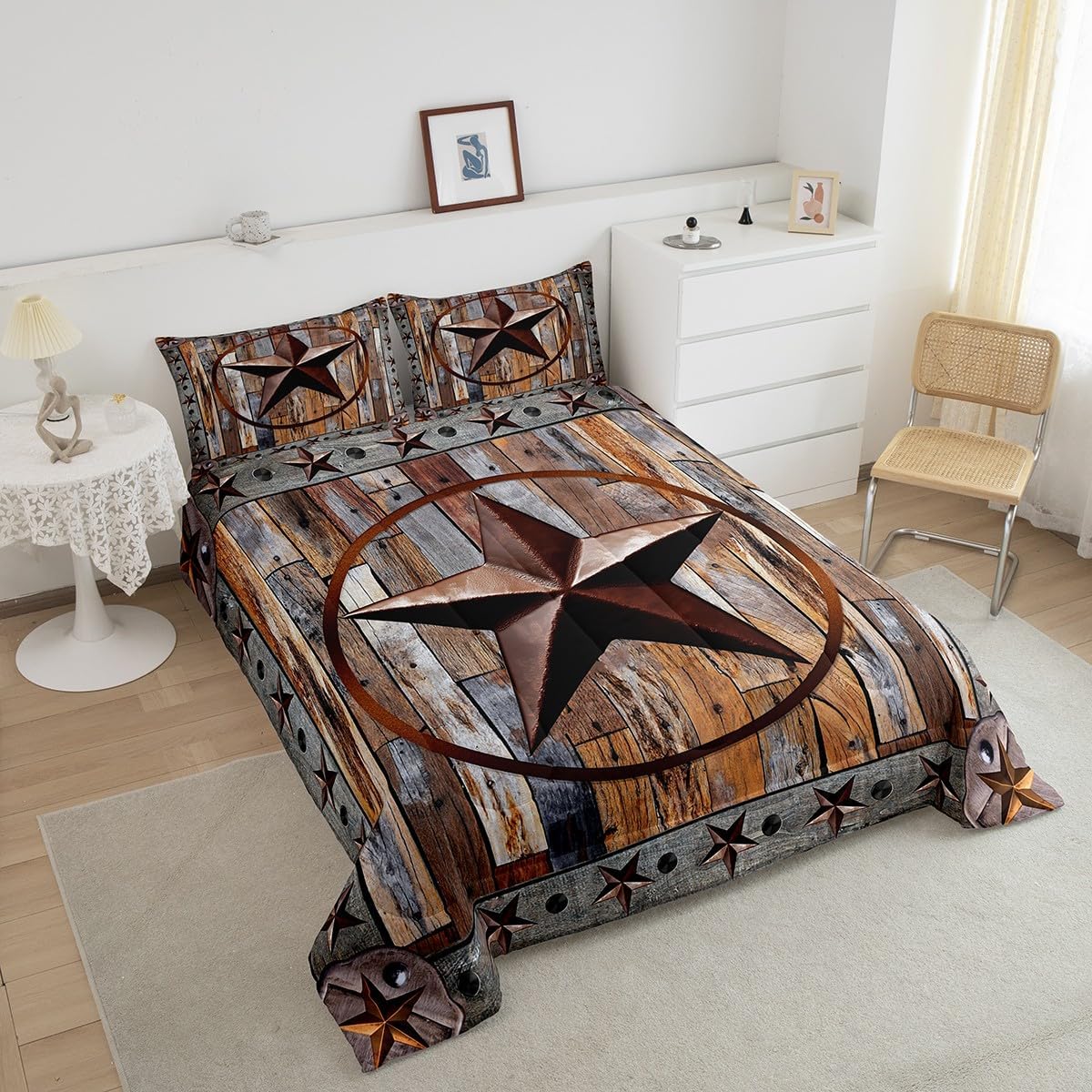 Feelyou Western Texas Star Comforter Rustic Wood Grain Comforter Set for Boys Girls Children Rustic Farmhouse Bedding Set Vintage Style Duvet Set Room Decor Quilt Set King Size