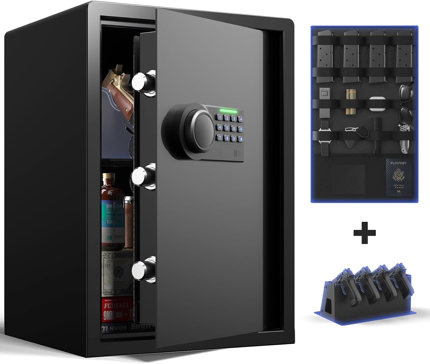 Grimtron Gun Safe for Handgun - (2.03 cu. ft.) Include 【Gun Organizer & Gun Rack】 Silent Mode, Backlit Keypad, and LED Light Safe Box Anti-Rust, Anti-Theft, Anti-Pry