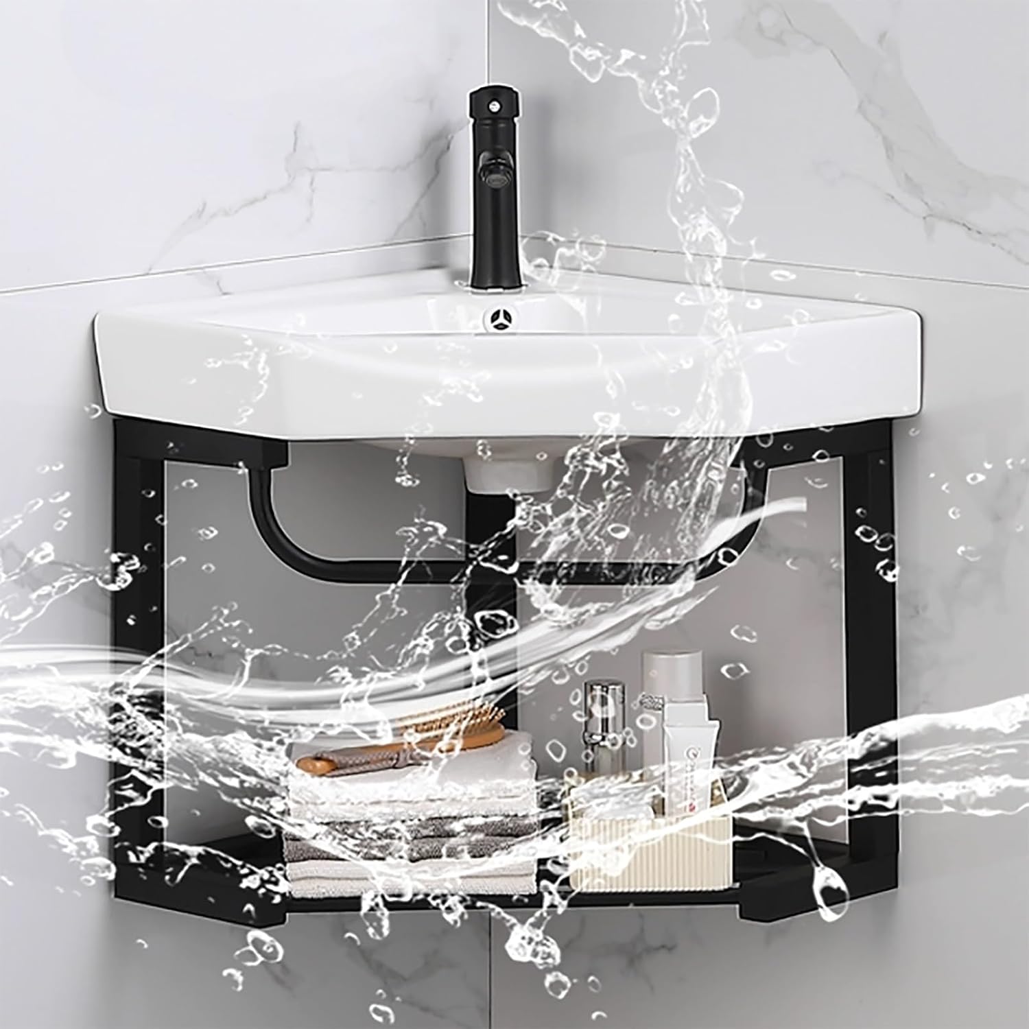 Corner Wall Mount Bathroom Sink corner ceramic sink small utility sink narrow bathroom vanity Bathroom Cabinet With Faucet And Drain small corner sink White Resin Basin Sink for Small Space(16.5in/42c