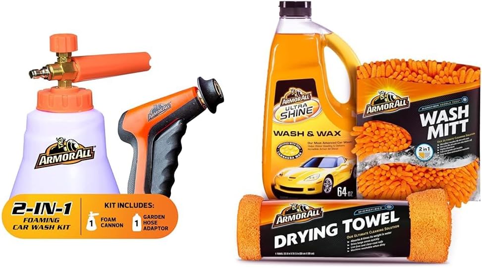 Armor All 2-in-1 Foam Cannon Kit, Includes Foam Cannon,Foam Applicator and Ergonomic Adaptor Car Wash Kit, Includes Car Wash Soap, Wash Mitt & Microfiber Towel (3 Piece Kit)