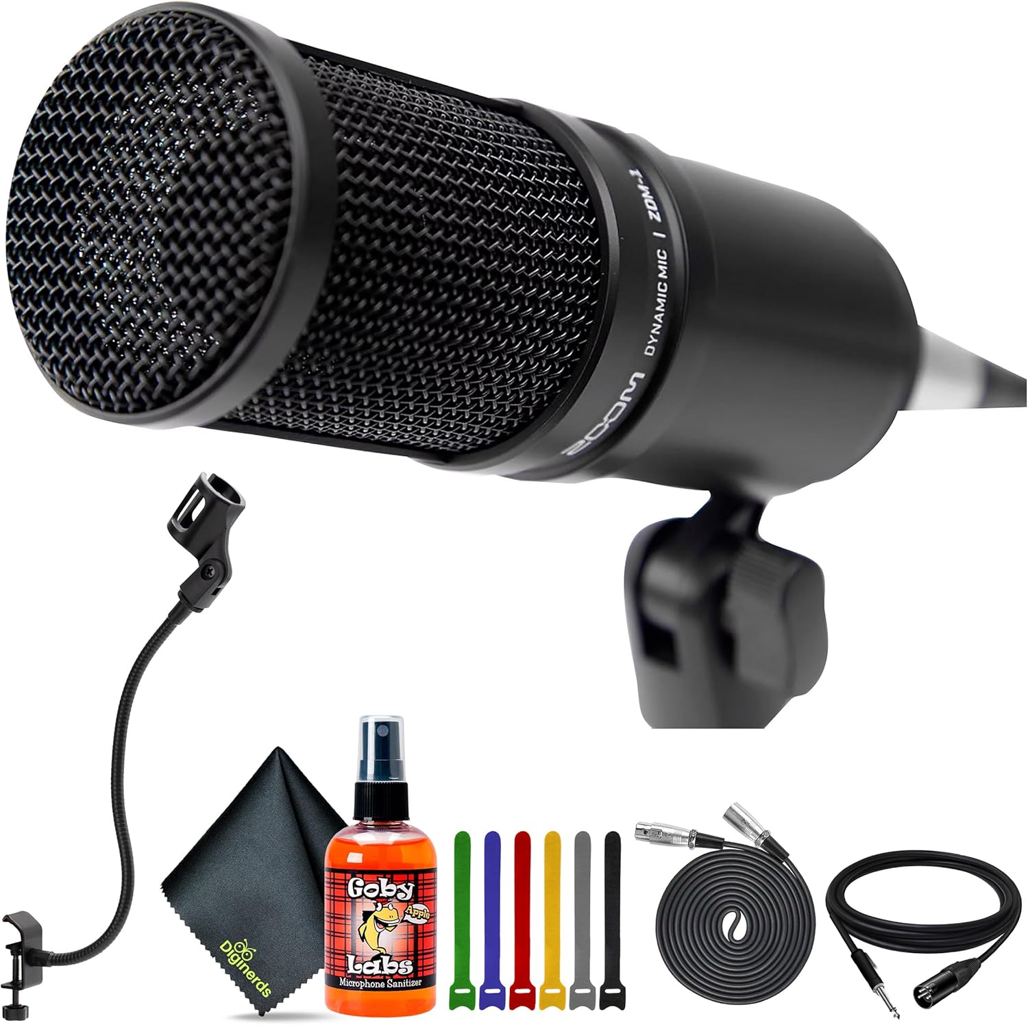 Zoom ZDM-1 Dynamic Podcasting Microphone + 8-inch Flexible Desktop Microphone Stand + XLR to 1/4 10FT + XLR to XLR 3M Balanced Interconnect Cable + Goby Labs Sanitizer Spray for Microphones