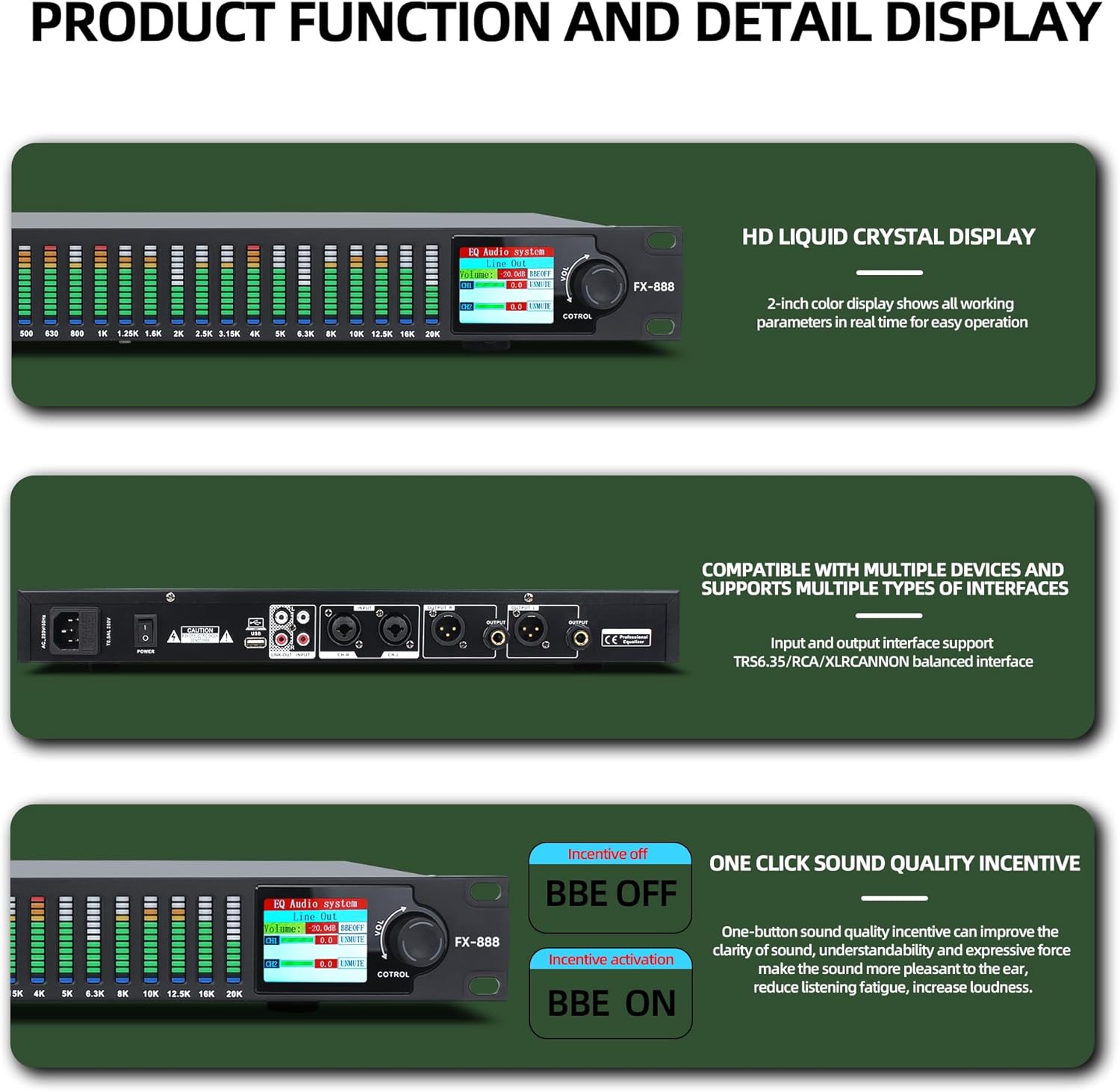 FX-888 Dual channel synchronized control 31-Band Digital equalizer Stereo Graphic EQ Noise Reduction Each segment with LED Spectrum Display Operation Content display large screen.