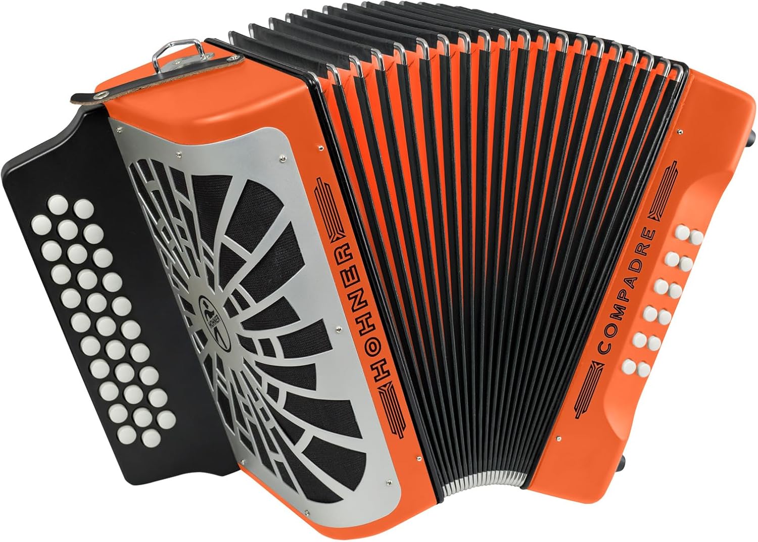 Hohner Compadre FBbEb Musica Tipica Series Accordion (Orange) - 12 Basses, 62 Notes, Standard Straps with Gig Bag