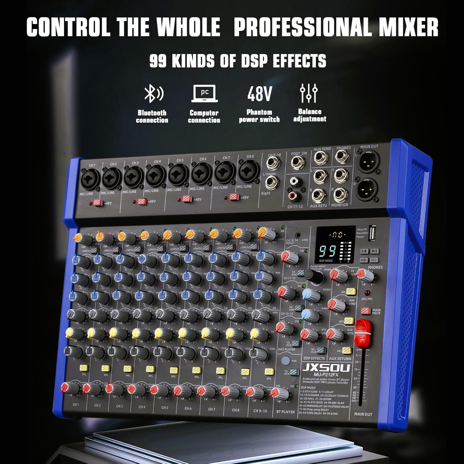 14-Channel Audio Sound Mixer Board, Bluetooth Studio Mixing Console XLR Microphone Jack 99 DSP DJ Mixer Audio Reverb Effect +48V Phantom Mixer For Karaoke Studio Streaming Recording