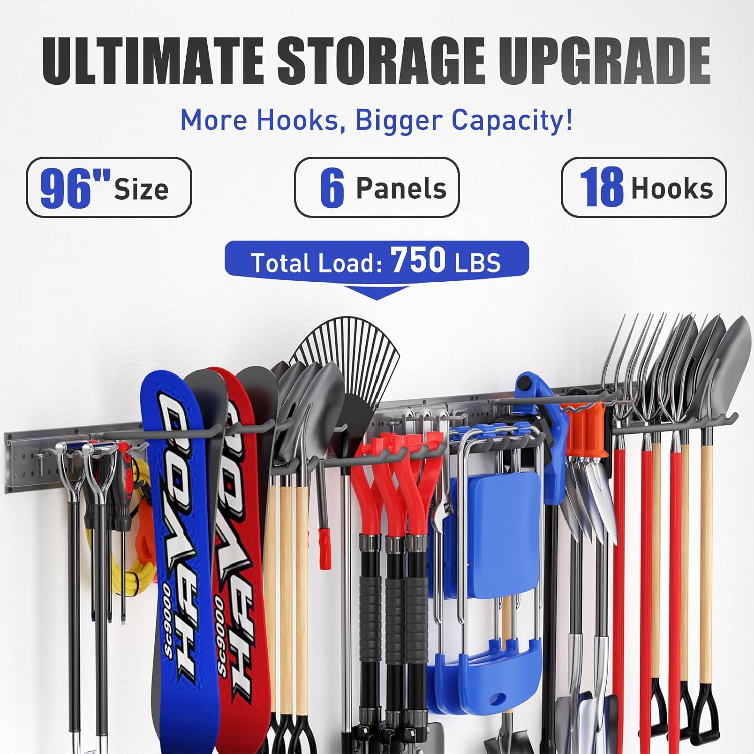 Garage Tool Organizer Wall Mount 96 inches with 18 Adjustable Heavy-Duty Hooks, Garage Organization, Garden Tool Storage Rack, Yard, and Shed, Holds Up to 750 lbs (Grey)