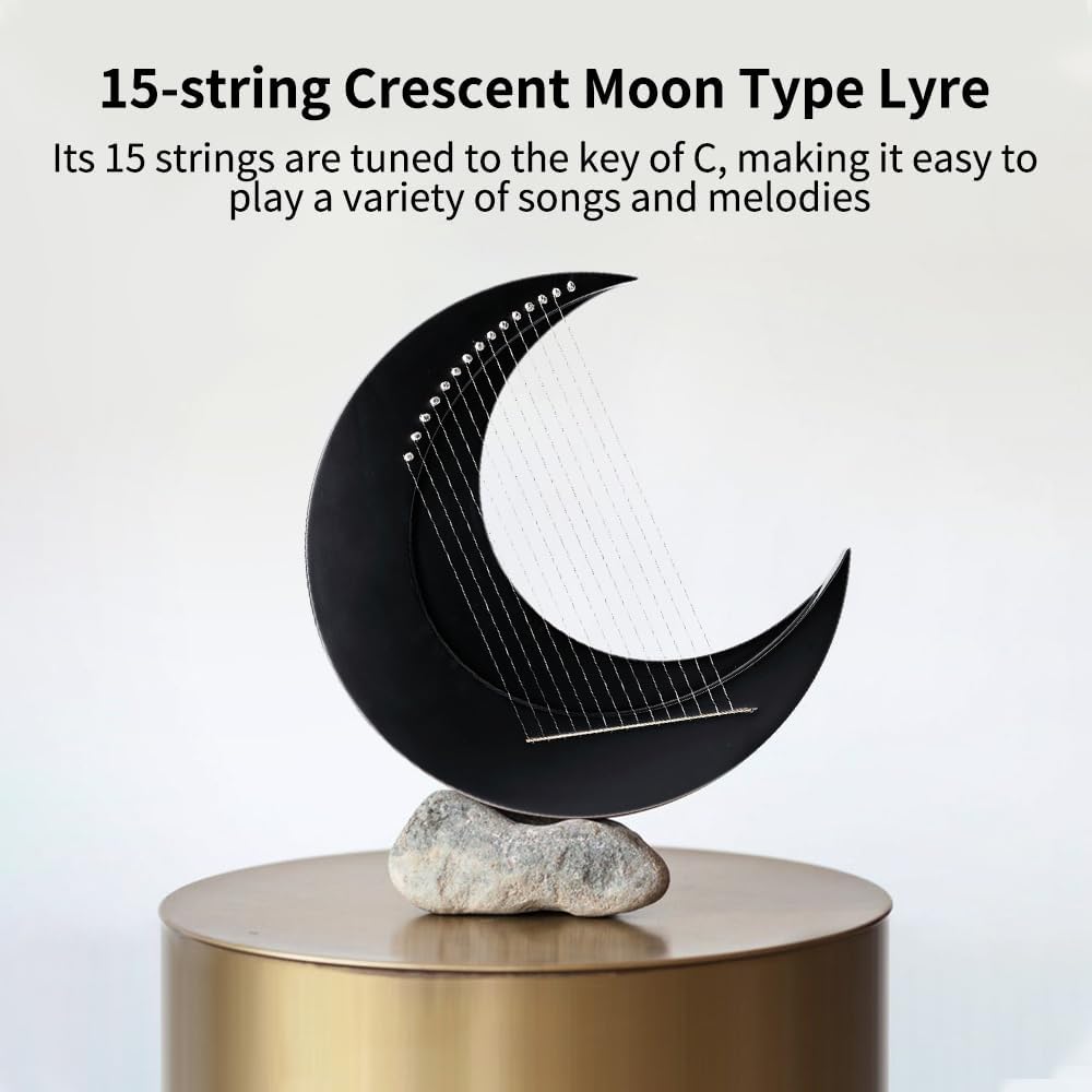15-string Crescent Moon Type Lyre C Key Harp Portable Lyre Steel Wire Strings Mini Stringed Instrument Portable Harp for Music Lovers with Tuning Wrench Black