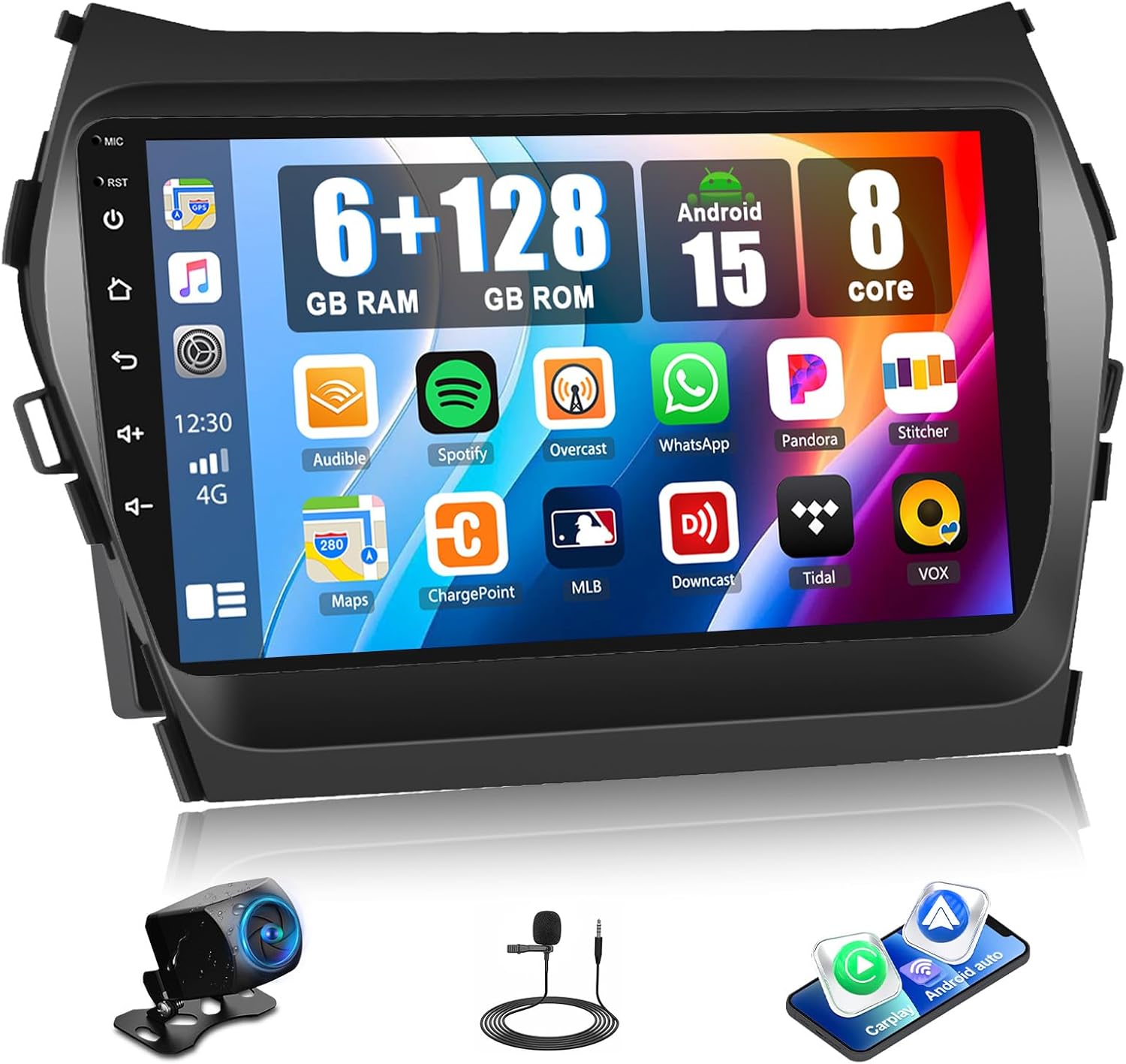 [6G+128G] 8 Core Android 15 Car Radio for Hyundai Santa Fe IX45 2013-2018 with Carplay Stereo Android Auto 9 Inch Touch Screen Bluetooth FM RDS WiFi GPS Navi SWC+AHD Backup Camera 360°Panoramic View