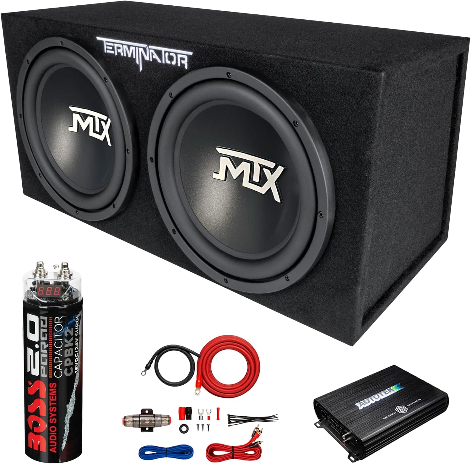 MTX 12 Inch 1200 Watt 4 Ohm Dual Loaded Car Audio Subwoofer Package with Sub Enclosure, 1200W Mono A/B Amplifier, Wiring Kit and Capacitor