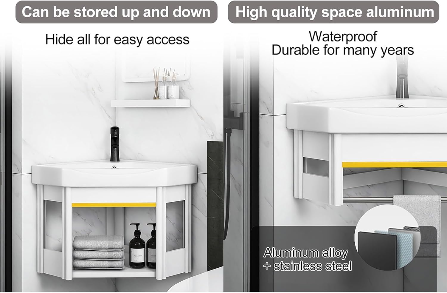 White Vessel Sink, Small Vessel Sink for Bathrooms, Wall Mount Corner Sink, Small Wall Mount Corner Bathroom Sink and Faucet Combo, for Small Space, with Drain, Towel Bar ( Color : A , Size : 42cm/16.