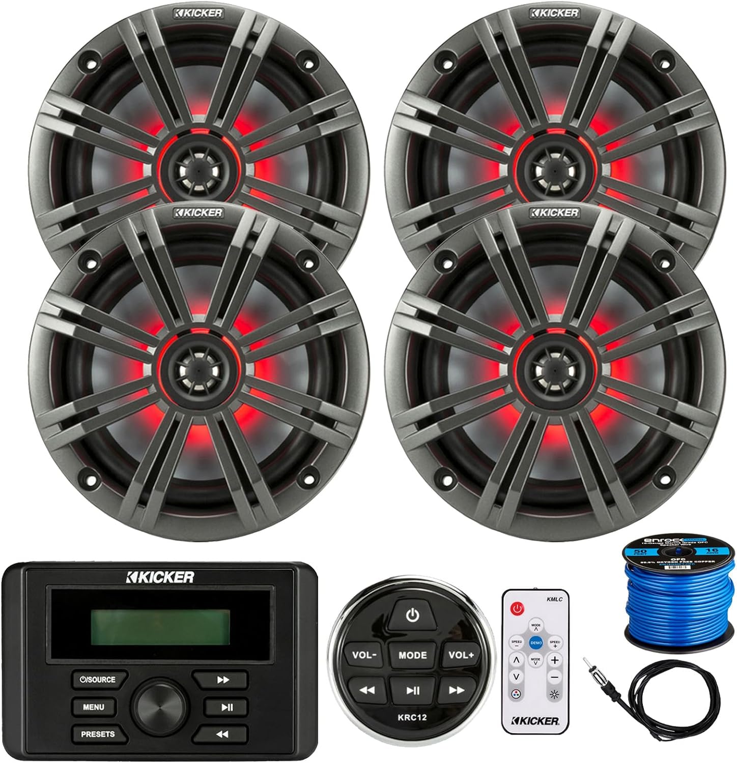 Kicker Marine Bluetooth USB RCA Stereo Receiver w/Remote Bundle with (Qty 4) 6.5