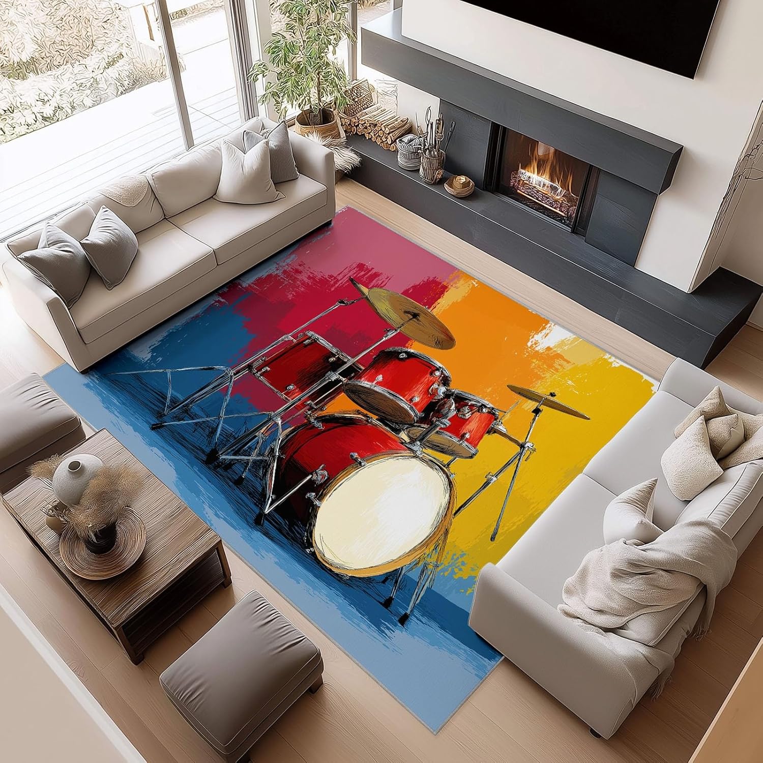 Area Rug for Living Room 8x10 ft Colorful Graffiti Drum Kit Machine Washable Non-Slip Rugs, Soft Accent Rugs, Lightweight Carpet, Foldable Easy Care, Stylish Indoor Area Rug