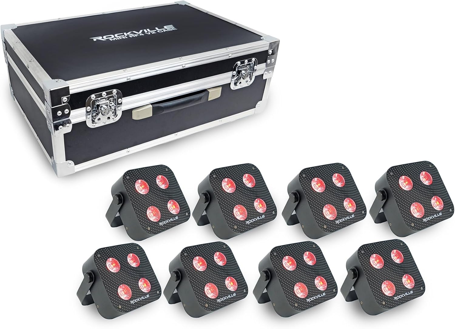 Rockville 8 Pack MINI RF4 V2 Black LED Par Wash Up Lights with Charging Case, RGBWA+UV, App, Wireless DMX, Rechargeable, Perfect for DJ/Events