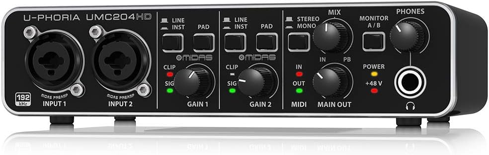 Behringer UMC204HD Audiophile 2x4 USB Audio Interface with Midas Preamps & Audio-Technica AT2020 Cardioid Condenser Studio XLR Microphone