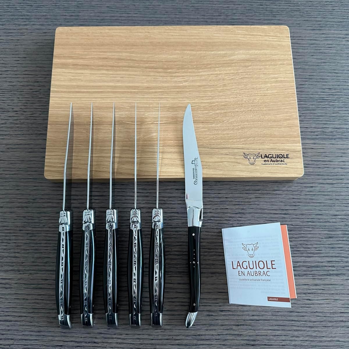 Laguiole en Aubrac Luxury Fully Forged Full Tang Stainless Steel Steak Knives 6-Piece Set with Buffalo Horn Handle, Stainless Steel Polished Bolsters, Made In France