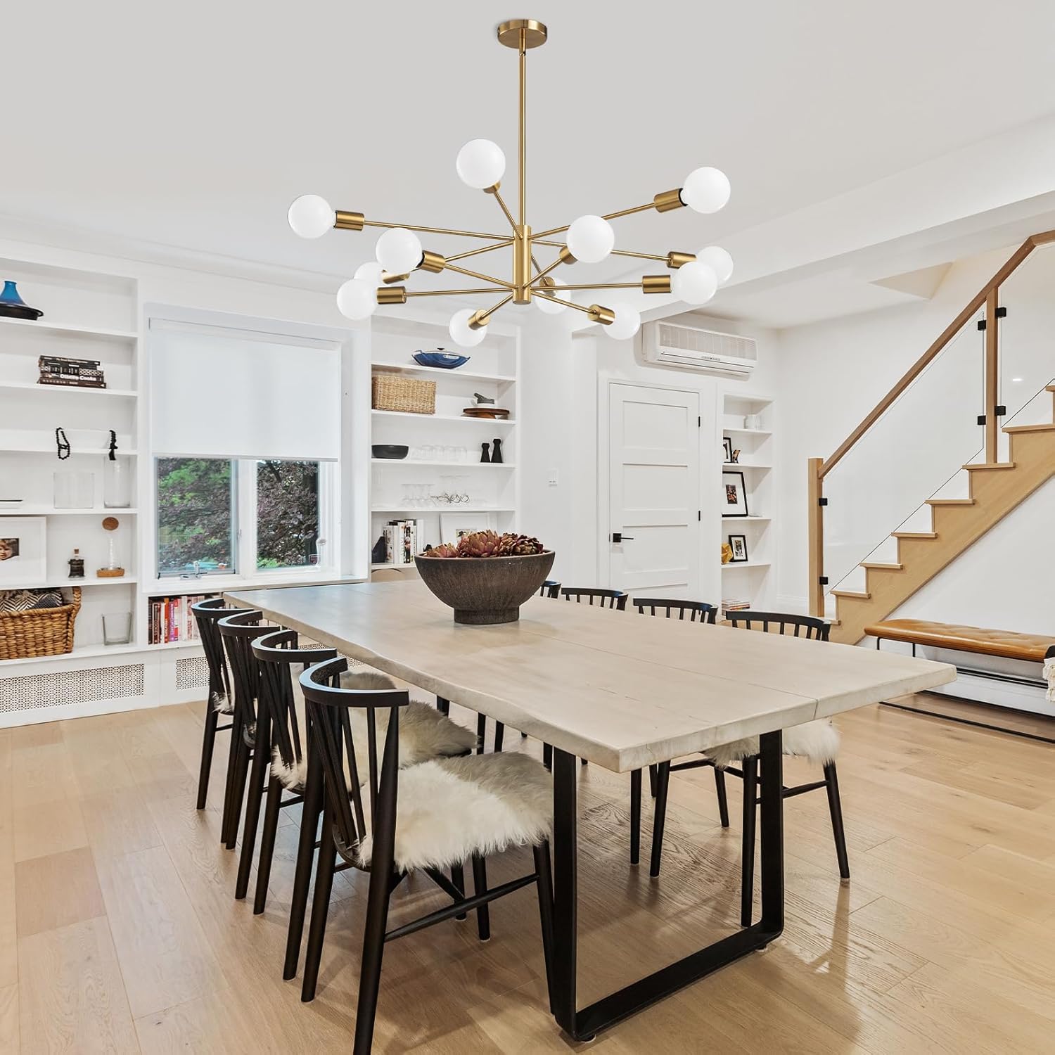 Modern Sputnik Chandeliers Light, 12-Light Gold Gold Dining Room Chandelier Over Table, Height Adjustable Industrial Semi Flush Mount Mid Century Chandelier for Kitchen Island Living Room