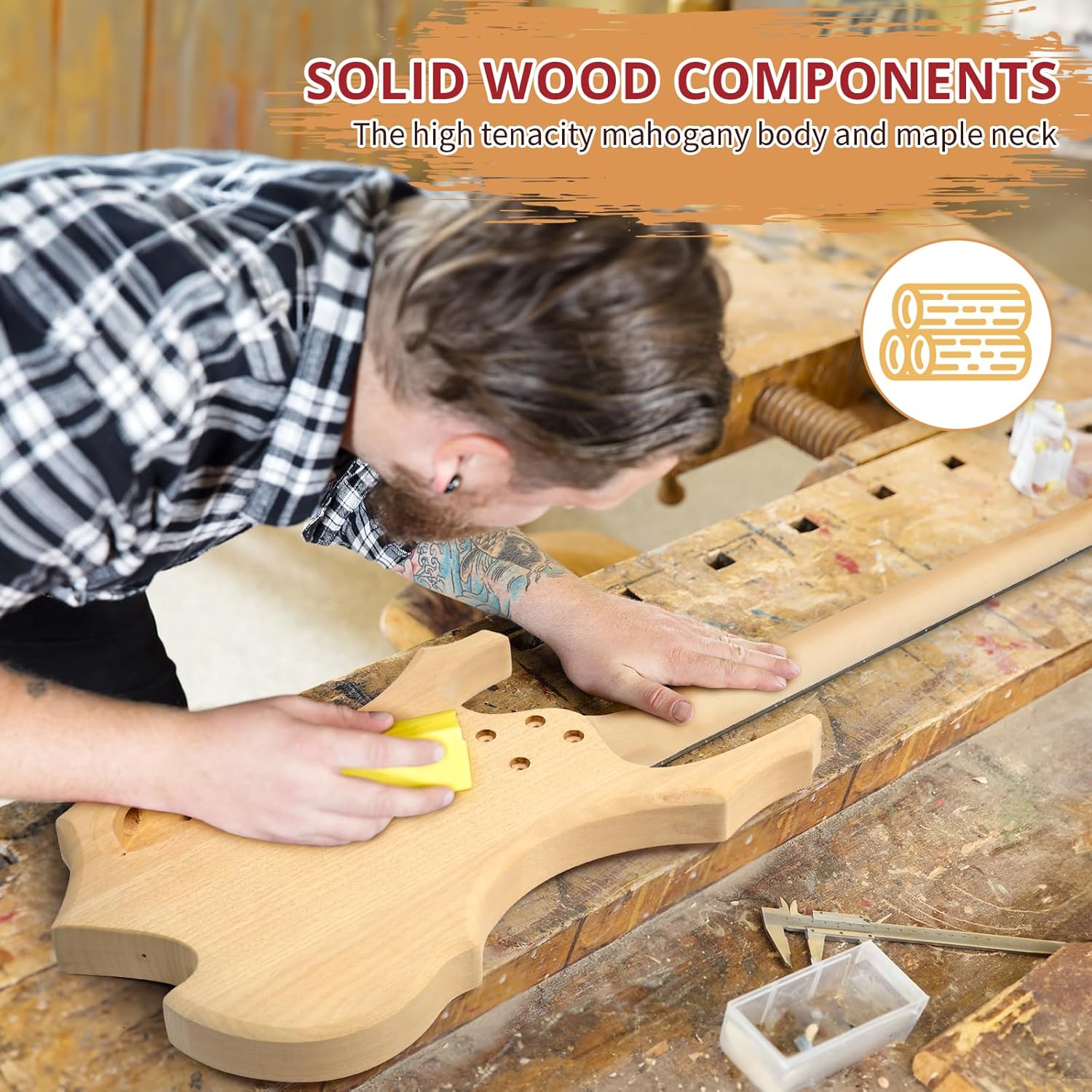 Ktaxon DIY Electric Bass Guitar with Mahogany Body, Ebony Fingerboard and Maple Neck, All Components Included Build Your Own Electric Guitar(FLAME)