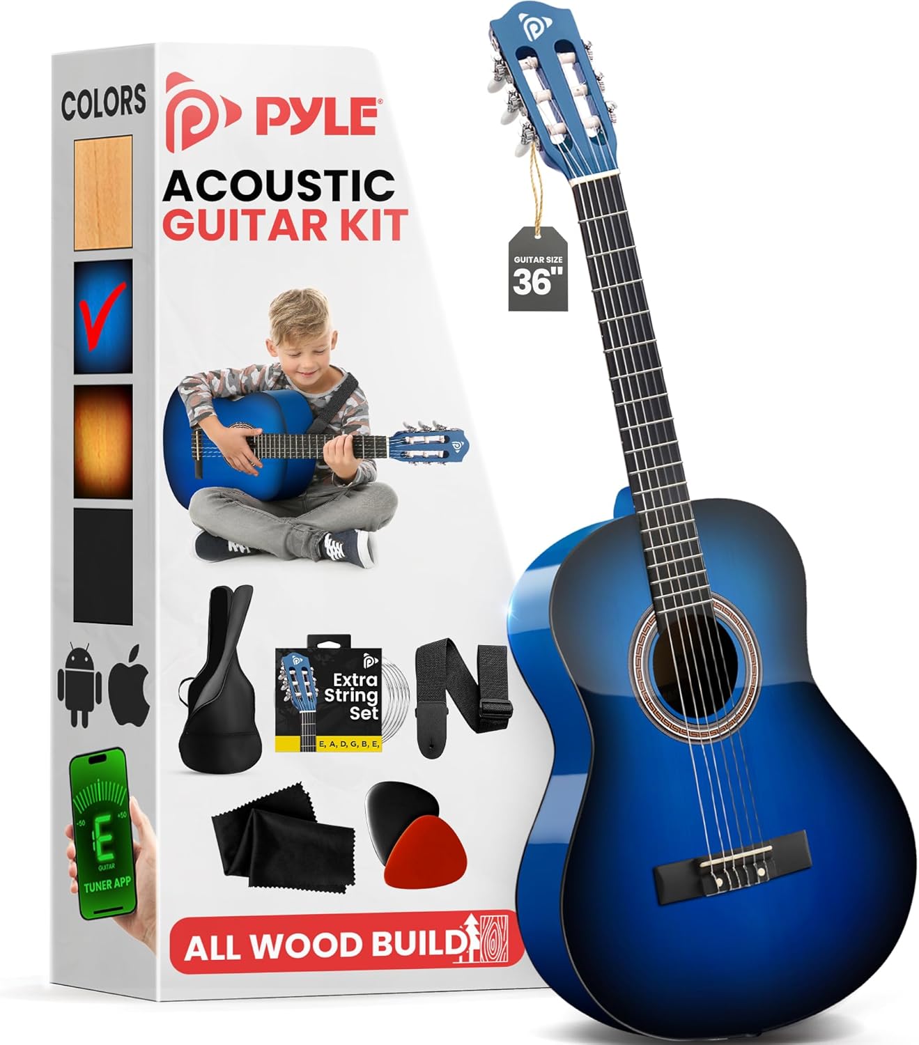 Pyle Beginner Acoustic Guitar Kit, 3/4 Junior Size All Wood Instrument for Kids, Adults, 36