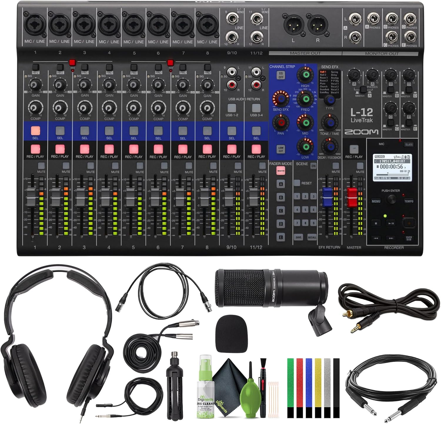 Zoom LiveTrak L-12-12-Channel Digital Mixer & Multitrack Recorder + Zoom ZDM-1 Podcast Mic Pack + Audio Cable 3.5mm 1/8 inch Mono Male to RCA Mono Male Connector + More
