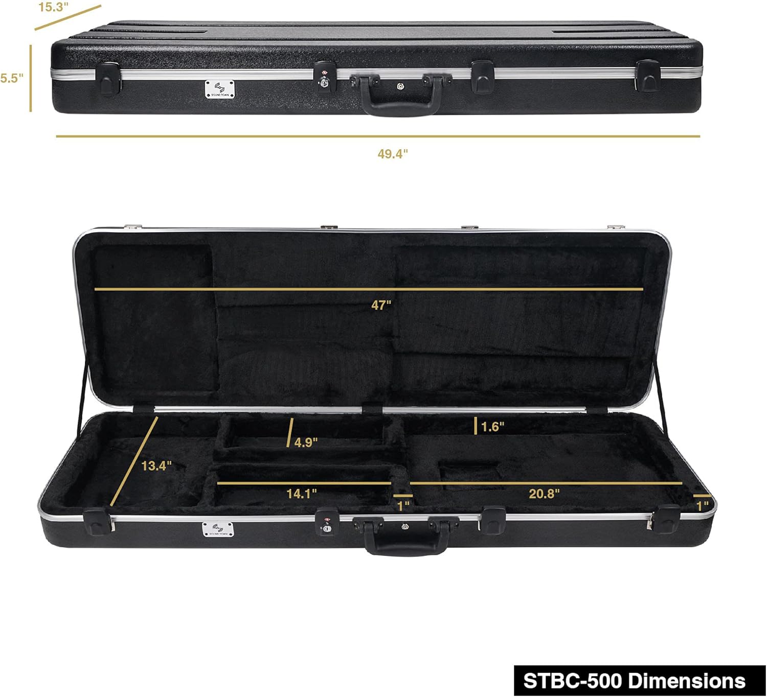 Sound Town Lightweight ABS Road Case for Electric Bass Guitar with TSA Approved Locking Latch and EPS Foam Plush Interior (STBC-500)