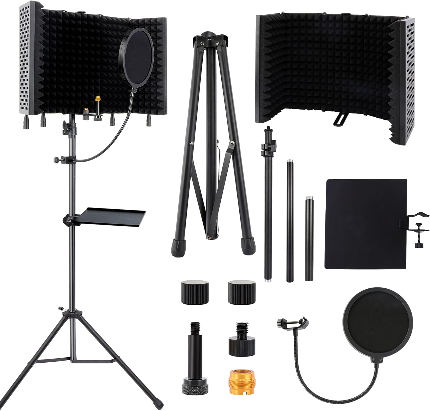 5-Sided Isolation Shield Microphone Stand, Studio-Grade Soundproof Booth with Pop Filter & High-Density Foam, Adjustable Tripod for Music studio, Podcasting Mic Stand with Pop Filter
