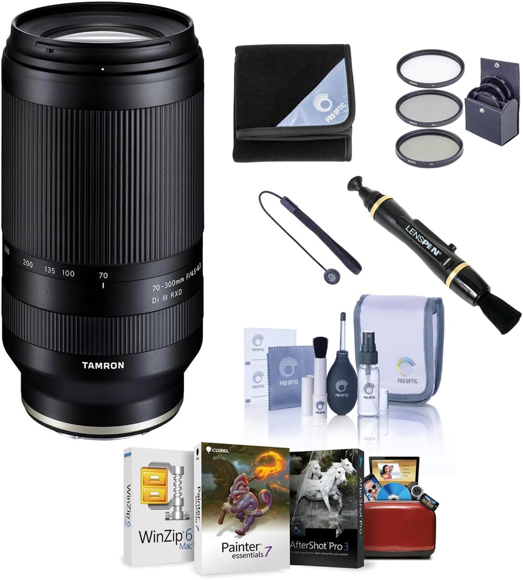 Tamron 70-300mm f/4.5-6.3 Di III RXD Lens for Sony E, Bundle with ProOptic 67mm Filter Kit, Lens Wrap, Lens Cap Tether, Cleaning Kit, Mac Software Kit, Lens Cleaner