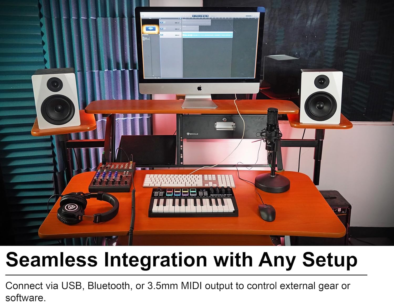 Rockville M25 BLACK 25 Key USB Wireless MIDI Keyboard Controller, Bluetooth, 8 Pads and Knobs, Joystick, Arpeggiator, Compact, for Music Production