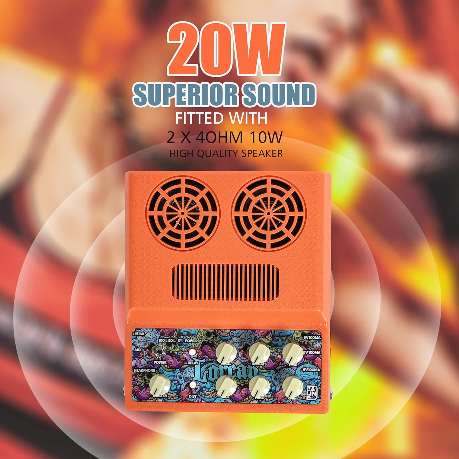 Caline 20W Electric Guitar Amp and Bass Amplifer Kits Rechargeable Mini Guitar Amplifer Combo for Desktop Practice with Distortion, Delay, Aux in and Headphone Jack