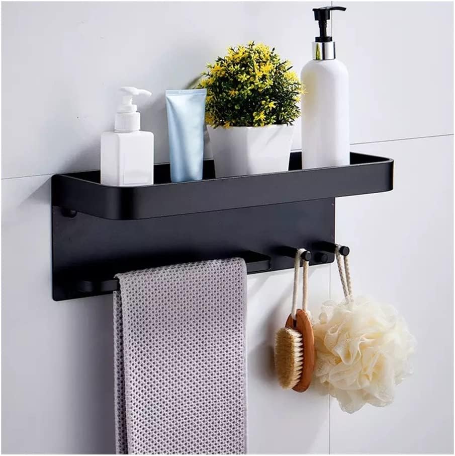 Shower Caddy Bathroom Shelves, Black/Silver Space Aluminum Multi-Function Wall Mount Bathroom Hooks Cup Shelf Storage Rack, Towel Holder Bathroom Organizer (Color : 40cm Black)
