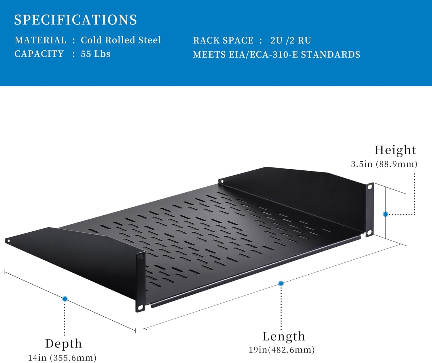 RackPath 2U Cantilever Universal Rack Shelf - 14in Deep – Rackmount Shelf for 19’’ AV/Network Equipment Racks – 55lbs Capacity - 2 Pack