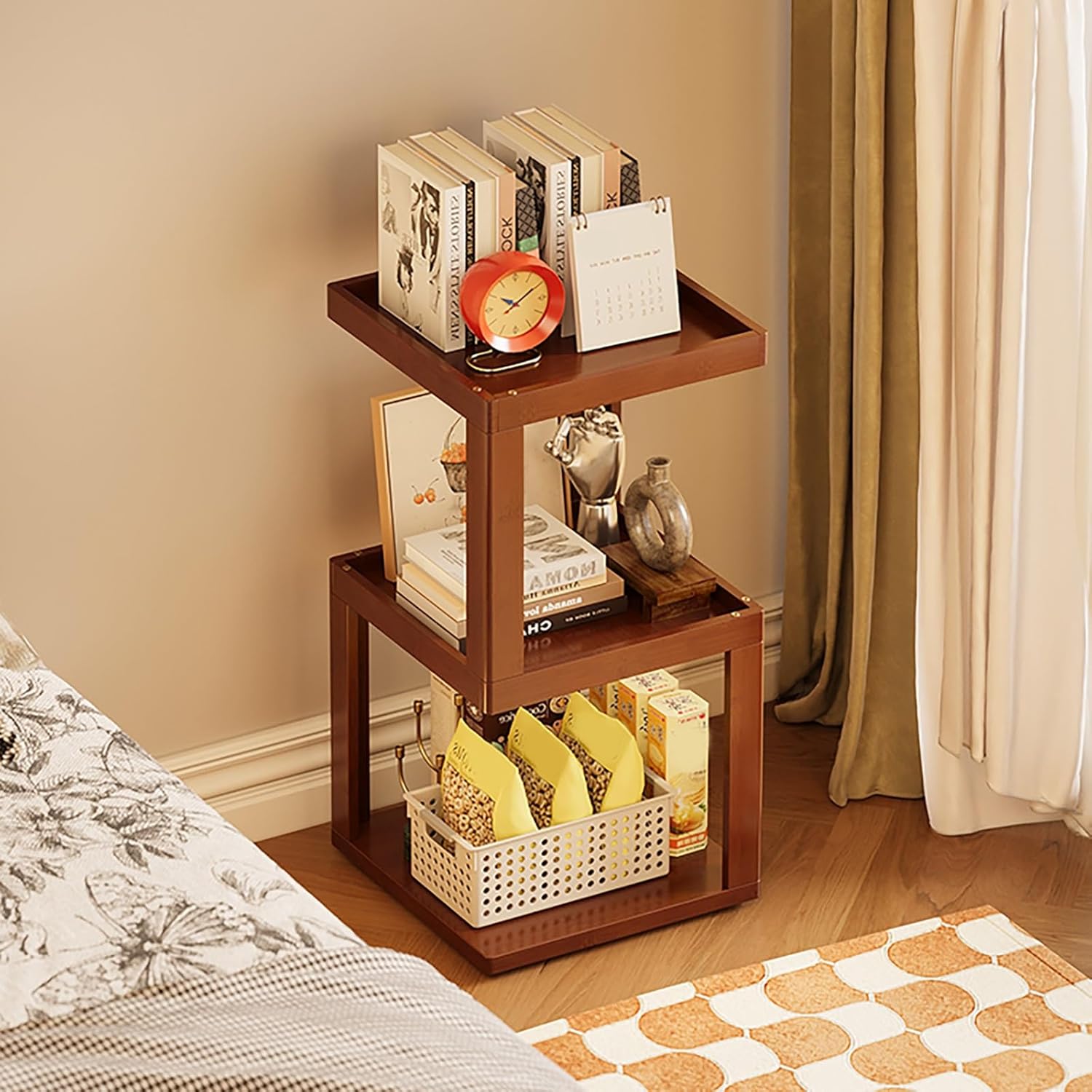 Rolling End Table Open Bookshelf 360° Spinning Book Shelf Tower for Kids, Small Book Storage Shelves Rotating Bookcase for Small Space Corner Bedroom(64cm/25in)