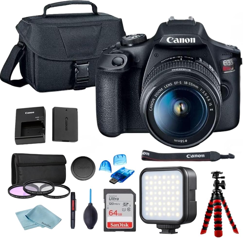 Canon EOS Rebel T7 DSLR Camera w/Canon EF-S 18-55mm F/3.5-5.6 Zoom Lens + Case + Sandisk 64GB Memory Card + 3pc Filter Kit + Card Reader + BluebirdSales Cleaning Kit (Renewed)