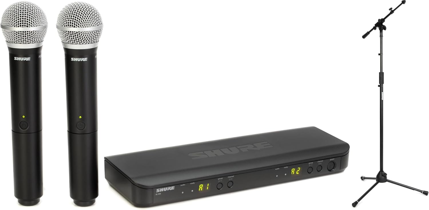 Shure BLX288/PG58 Dual Channel Wireless Handheld Microphone System H10 Band with Tripod Stands – Professional Audio for Live Performances, Events, and Presentations