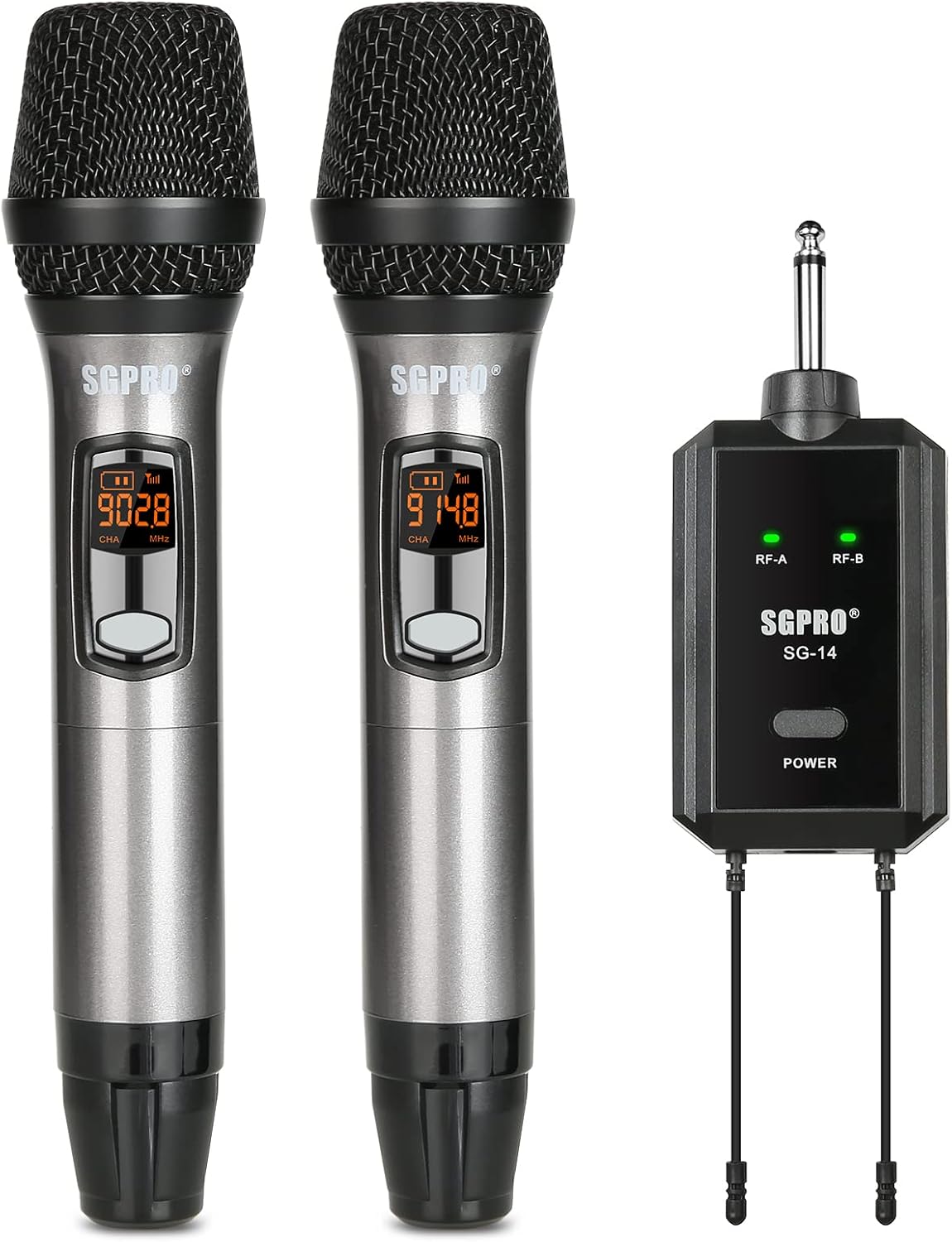 Multiple-Purpose Wireless Microphone Set Compact Receiver Mute Function Battery Indicator for Singing, DJ, Speech, Classroom, Church, Home Karaoke and More (SG-14 | Dual Handheld Set)
