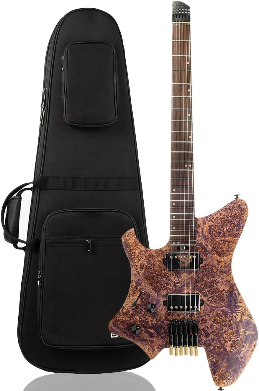 EART GW2L Headless Electric Guitar - Roasted Padauk/Poplar Burl Solid-Body, Compound Radius Neck, Custom Alnico-V Pickups, Headless Bridge System - Left Hand