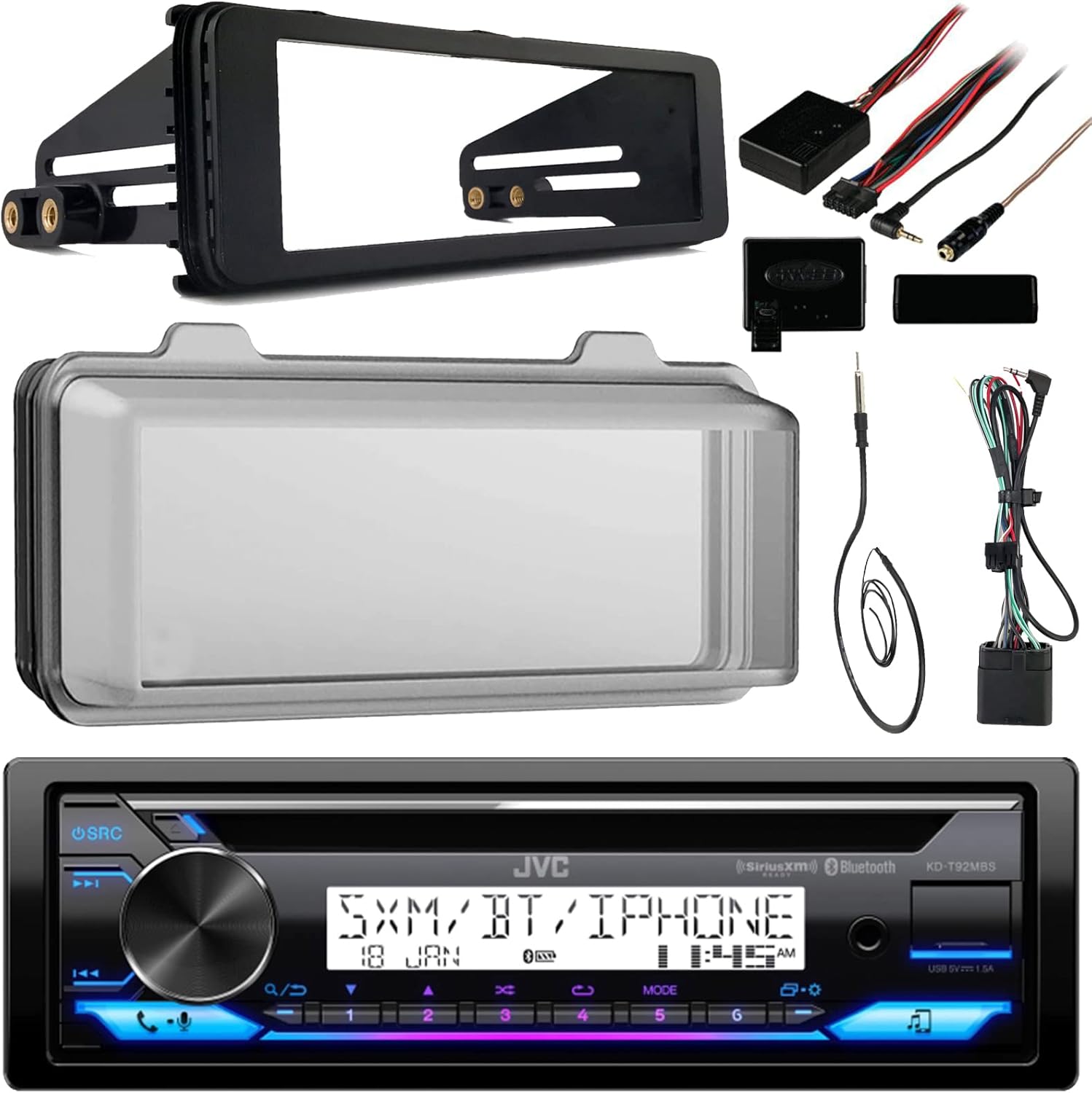 Single DIN Marine CD Player Marine Stereo AUX USB Receiver Bundle Combo with Enrock Stereo Install Kit, Steering Wheel Control Interface, Radio Antenna, Cover (Fits Select 1998-2013 HD Motorcycles)