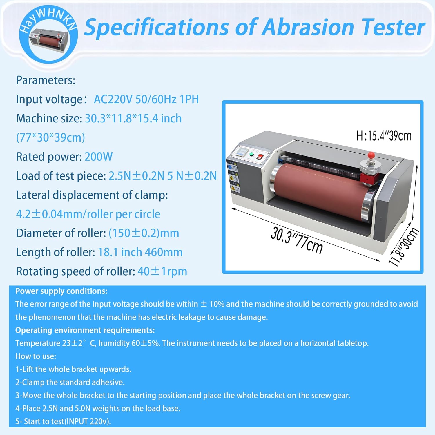 Automatic Abrasion Tester Machine, 220V 200W Rubber & Tire Drum Wear Test Equipment with 2.5N/5N Load, for Testing Wear Resistance of Leather, Rubber, Conveyor Belt, Shoe Sole, Plastics