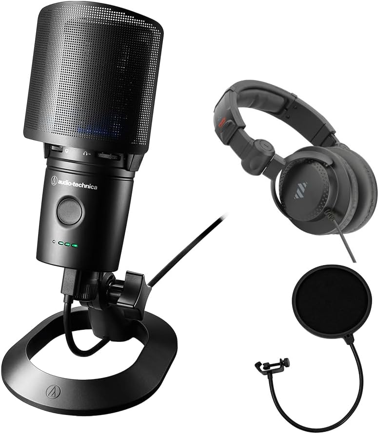 Audio-Technica Cardioid Condenser USB Microphone (AT2020USXP) Bundle with Polsen HPC-A30-MK2 Monitor Headphones & Pop Filter