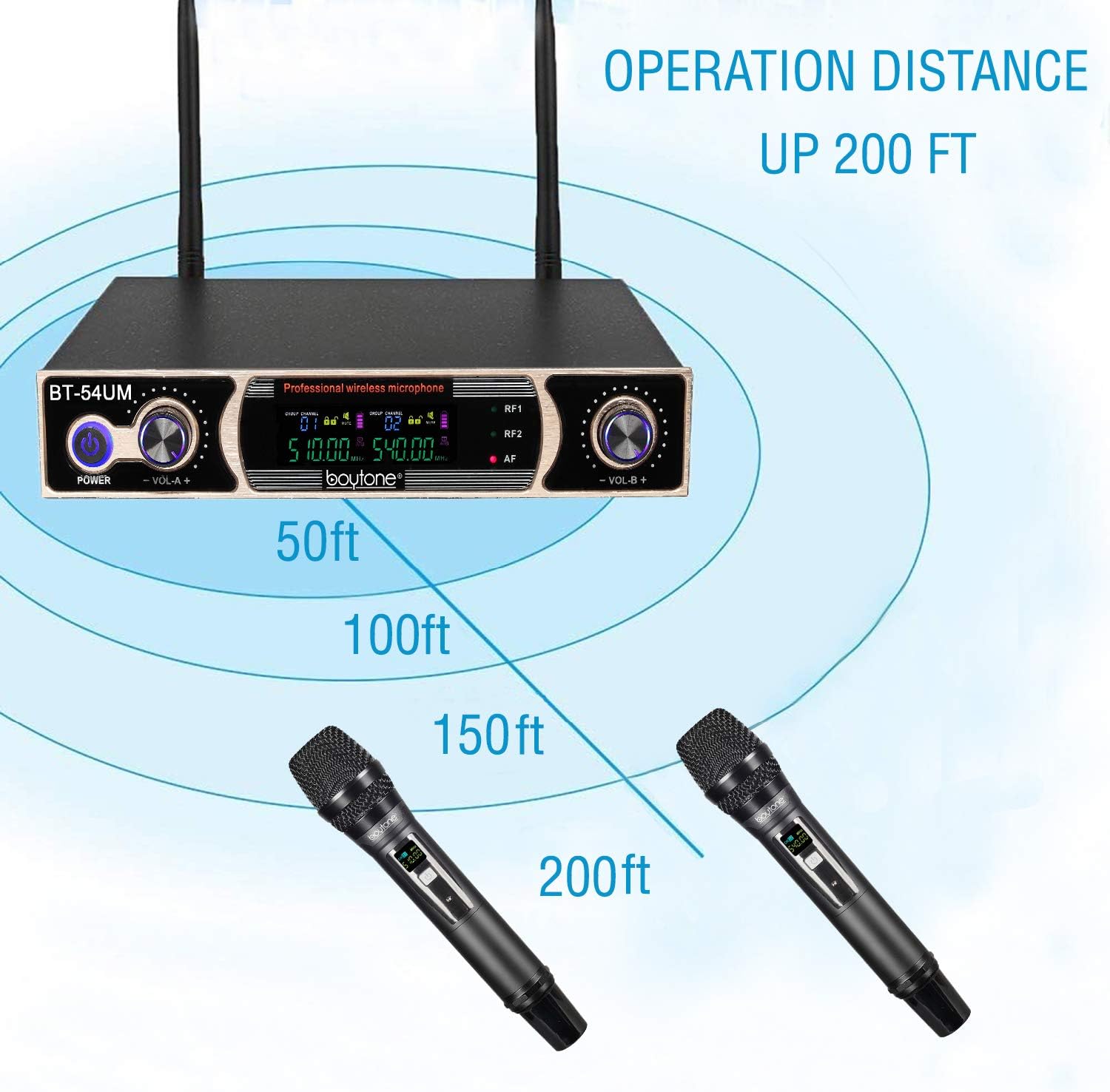 Boytone Dual Fixed Dynamic UHF Wireless Microphone System, Metal Microphone and Base, up to 260 FT(BT-54UM)