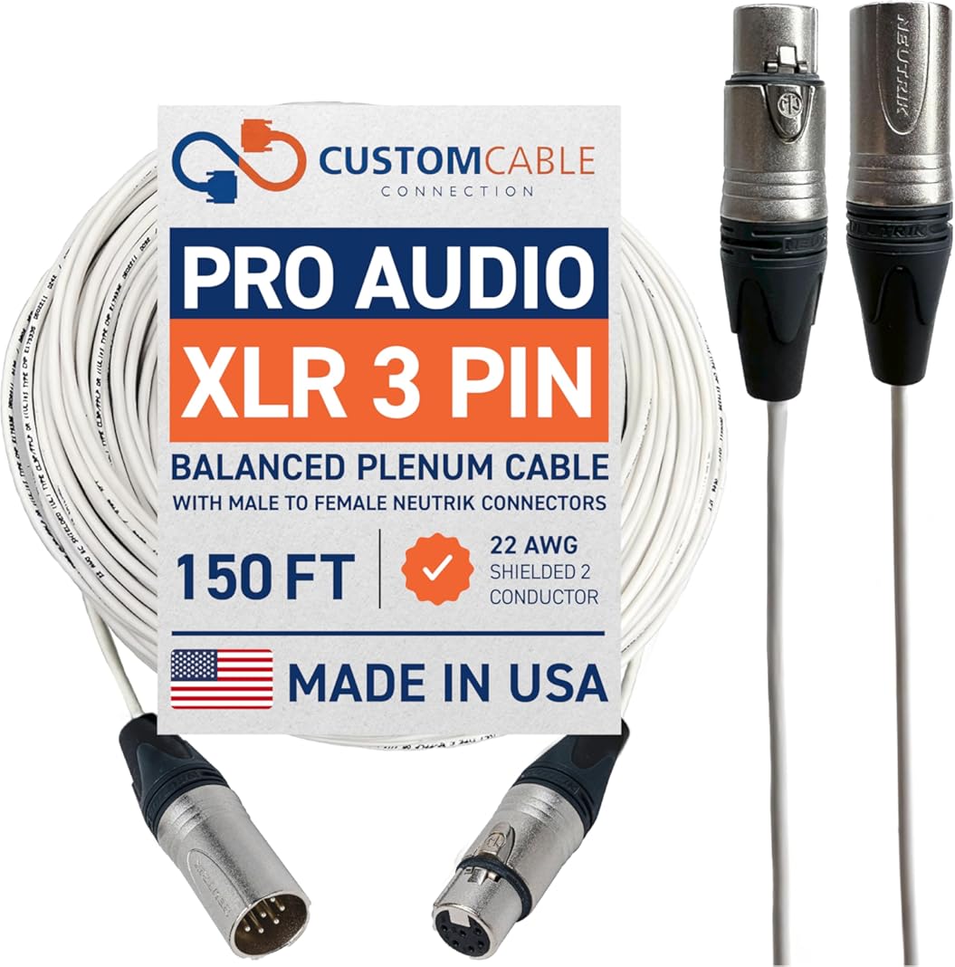 Custom Cable Connection 150 Foot Plenum XLR Male to Female Plenum Balanced Pro Audio Cable, White